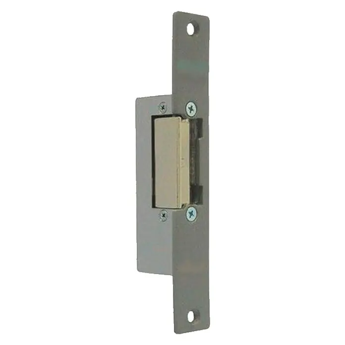 JiS Cerradura electrónica 1710-901G - L x An x Al: 160 x 22 x 28 mm, Apto para: Todas las puertas, Gris - Primer plano de una placa frontal metálica de cerradero eléctrico que se instala en una puerta.