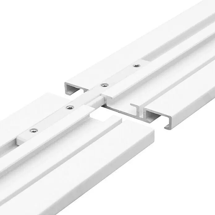 Verbinder Vorhangschiene Verdunkelungssystem - 1 Stk., Weiß, Metall - Weißes zweiteiliges Schienensystem, verbunden durch eine Kupplung mit sichtbaren Schrauben, das die Verbindung von Abschnitten zeigt.