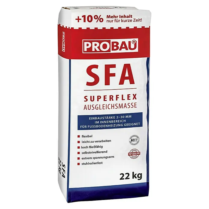 Probau Ausgleichsmasse Superflex SFA - 22 kg, Schichtdicke: 2 mm - 30 mm - Sack Probau SFA Superflex Ausgleichsmasse, eine selbstnivellierende Bodenausgleichsmasse für den Innenbereich, 22 kg.
