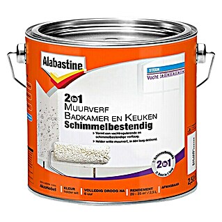Alabastine Muurverf 2 in 1 Badkamer en Keuken Helder Wit (Wit, 2,5 l, Mat)