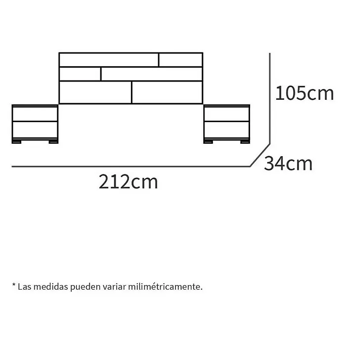 Muebles Pitarch Cabecero de cama con mesitas Erika - Blanco/Roble Aurora - Ilustración de un conjunto de dormitorio con mesitas de noche y cabecero, con dimensiones indicadas.