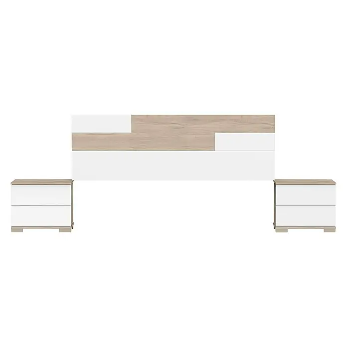 Muebles Pitarch Cabecero de cama con mesitas Erika - Blanco/Roble Aurora - Un moderno conjunto de dormitorio con cabecero de madera clara y mesitas de noche a juego con cajones blancos.