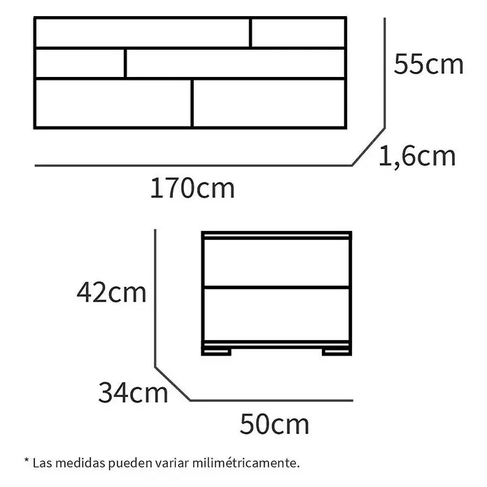 Muebles Pitarch Cabecero de cama con mesitas Erika - Blanco/Roble Aurora - Dibujo de dimensiones del producto con dimensiones 170 x 55 x 1,6 cm para el panel de pared y 50 x 42 x 34 cm para el aparador.