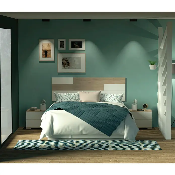 Muebles Pitarch Cabecero de cama con mesitas Erika - Blanco/Roble Aurora - Acogedora habitación con cama doble, mesitas de noche y detalles decorativos para un ambiente relajante.