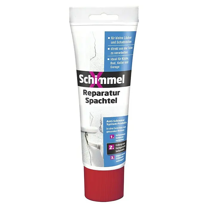 SchimmelX Reparaturspachtel - 400 g - Abbildung einer Tube Schimmel Reparaturspachtel, ideal für kleine Löcher und Schadstellen im Bad, Keller und Garage. Direkt aus der Tube zu verarbeiten.