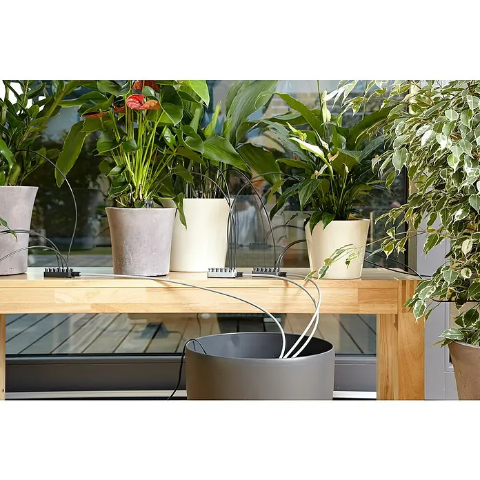 Gardena Micro-Drip Urlaubsbewässerung - Passend für: Für bis zu 36 Topfpflanzen - Automatische Pflanzenbewässerung mit mehreren Zimmerpflanzen, die auf einem Tisch stehen. Ein grauer Topf steht unter dem Tisch.