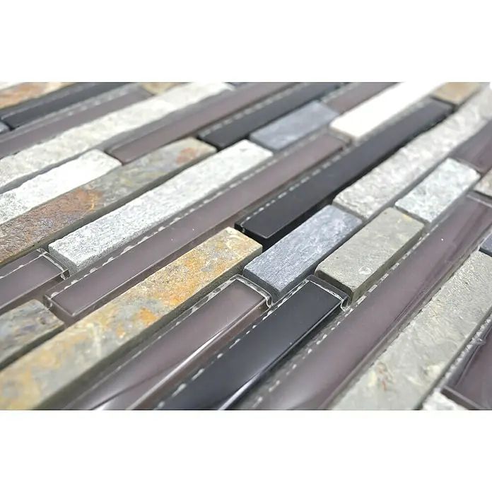 Mosaikfliese Crystal Mix XCM MV788 - 29,8 x 33,8 cm, Braun, Glänzend - Nahaufnahme des Mosaiks aus Naturstein und Glas, das eine elegante und moderne Ästhetik für jeden Raum bietet.
