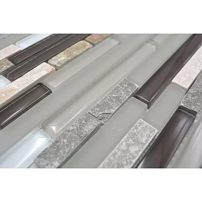 Mosaikfliese Verbund Crystal Mix XCM MV808 - 30 x 30 cm, Grau, Matt - Mosaikfliesen aus braunem Glas, Milchglas und Naturstein, ideal für Küchenrückwände.