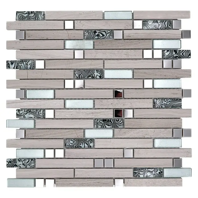 Mosaikfliese Crystal Mix XCM MV818 - 30 x 30 cm, Weiß, Matt - Bild eines Mosaiks aus beigen Steinen, Glas und Metallelementen. Das Mosaik ist ein dekoratives Element für Wände und Böden.