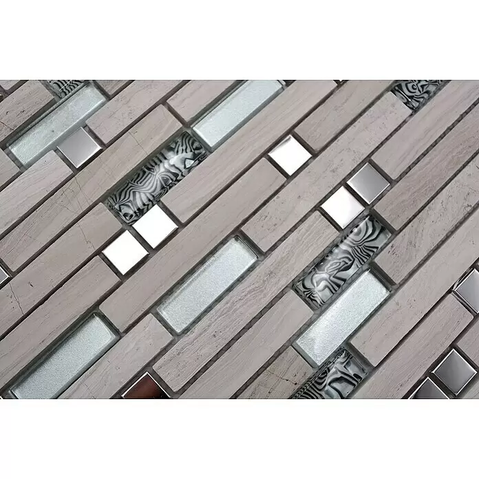 Mosaikfliese Crystal Mix XCM MV818 - 30 x 30 cm, Weiß, Matt - Diagonale Mosaikfliesen aus beigem Marmor, Milchglas, gemustertem Glas und Spiegelquadraten.