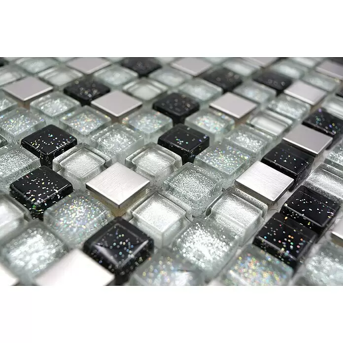 Mosaikfliese Quadrat Crystal Mix XCE 88 - 30,5 x 32,2 cm, Silber, Glänzend - Detailaufnahme