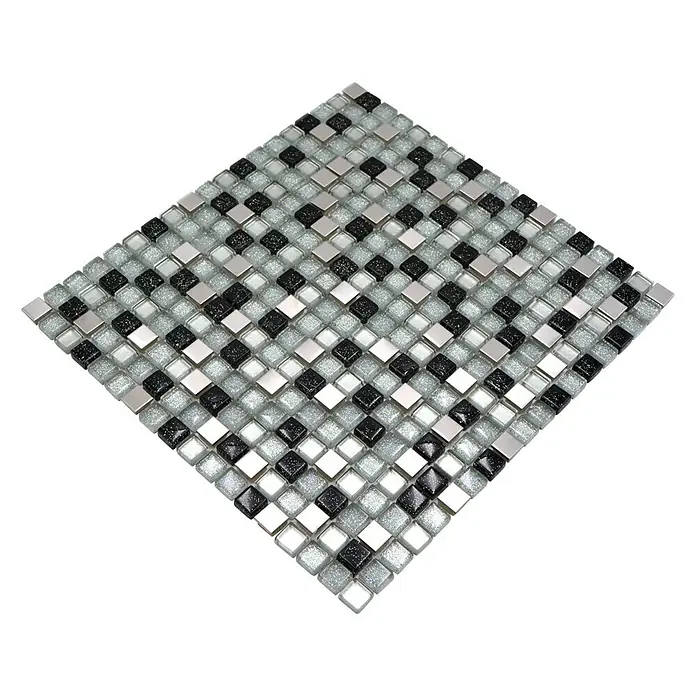 Mosaikfliese Quadrat Crystal Mix XCE 88 - 30,5 x 32,2 cm, Silber, Glänzend - Quadratische Mosaikfliesen in Schwarz, Weiß und Silber mit glänzender Oberfläche, ideal für stilvolle Wand- und Bodengestaltungen.