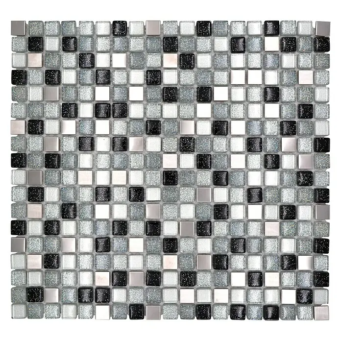 Mosaikfliese Quadrat Crystal Mix XCE 88 - 30,5 x 32,2 cm, Silber, Glänzend - Quadratisches Mosaikfliesenmuster mit schwarzen, silbernen und weißen Akzenten, ideal für moderne Innenräume.