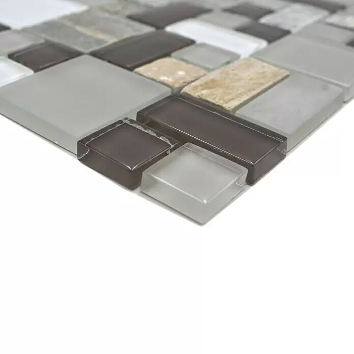 Mosaikfliese Crystal Mix XCM MC619 - 30 x 30 cm, Grau, Matt - Mosaikfliesenmatte aus Glas und Naturstein in Grau-, Weiß-, Braun- und Beigetönen.