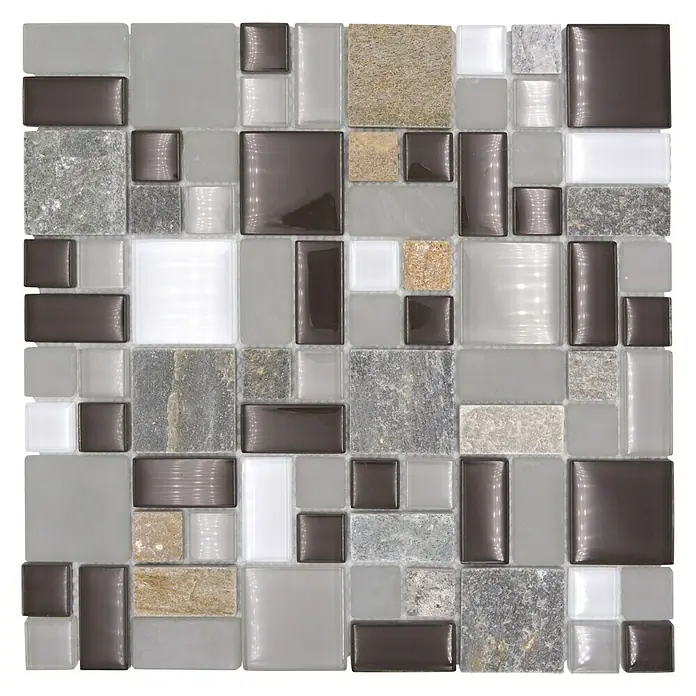 Mosaikfliese Crystal Mix XCM MC619 - 30 x 30 cm, Grau, Matt - Nahaufnahme des Mosaikfliesen-Designs mit verschiedenen Formen, Farben und Texturen. Perfekt für stilvolle Wand- oder Bodengestaltung.