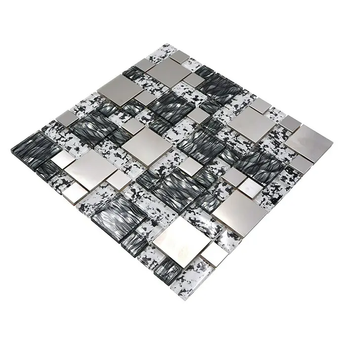 Mosaikfliese Crystal Mix XCM MC629 - 30 x 30 cm, Schwarz/Grau, Glänzend - Quadratische Fliesenmosaikmatte aus Glas und Metall für Wandverkleidungen in Bad und Küche. Modernes Design mit edler Optik für stilvolle Räume.