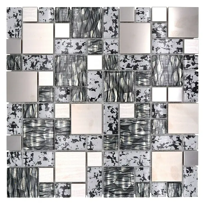 Mosaikfliese Crystal Mix XCM MC629 - 30 x 30 cm, Schwarz/Grau, Glänzend - Bild einer Mosaikfliese mit silbernen, weißen und gemusterten Elementen für eine elegante Wandgestaltung.