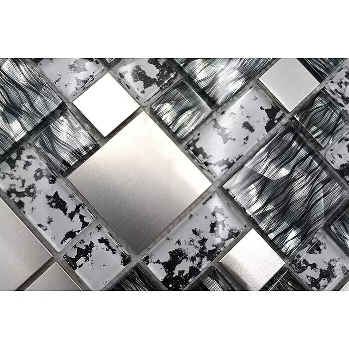 Mosaikfliese Crystal Mix XCM MC629 - 30 x 30 cm, Schwarz/Grau, Glänzend - Dekorative Mosaikfliesen mit silbernen gebürsteten Metallquadraten und schwarz-weiß gemustertem Glas.