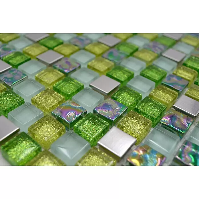 Mosaikfliese Quadrat Crystal Mix XCE 99 - 30,5 x 32,2 cm, Grün, Glänzend - Detailaufnahme