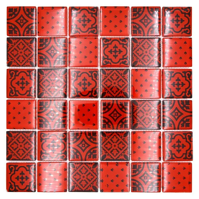 Mosaikfliese Quadrat Crystal XCM 8OP3 - 30 x 30 cm, Rot, Glänzend - Rote Mosaikfliesen mit schwarzen Mustern, perfekt für Akzente in Küche und Bad. Diese dekorativen Fliesen verleihen jedem Raum einen Hauch von Eleganz.