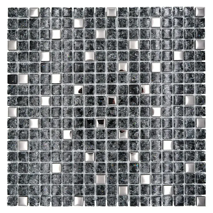 Mosaikfliese Quadrat Crystal Mix XIC 1099 - 30 x 30 cm, Schwarz/Silber, Glänzend - Nahaufnahme von glitzernden schwarzen und silbernen Mosaikfliesen, die ein quadratisches Muster bilden, ideal für stilvolle Innenräume.