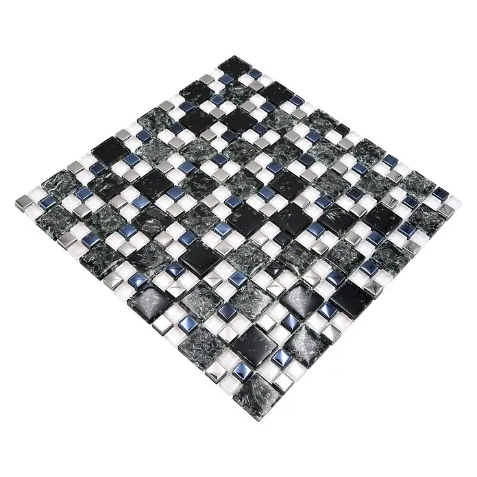Mosaikfliese Crystal Mix XIC K1499 - 33,8 x 33,8 cm, Schwarz, Glänzend - Quadratische Mosaikfliesen in Schwarz, Weiß und Silber für stilvolle Wand- oder Bodengestaltung mit modernem Flair.