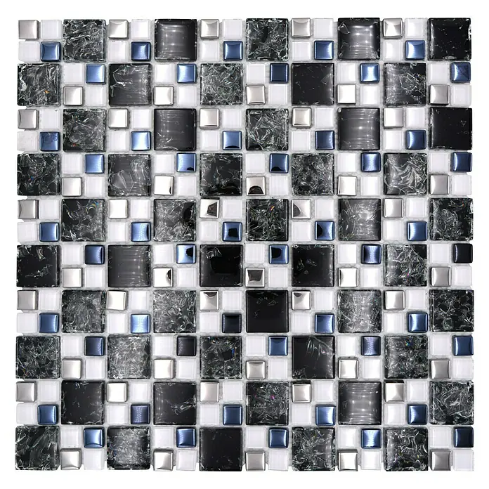Mosaikfliese Crystal Mix XIC K1499 - 33,8 x 33,8 cm, Schwarz, Glänzend - Nahaufnahme des Mosaikdesigns mit Schwarz-, Weiß- und Blautönen für ein elegantes Fliesenerlebnis.