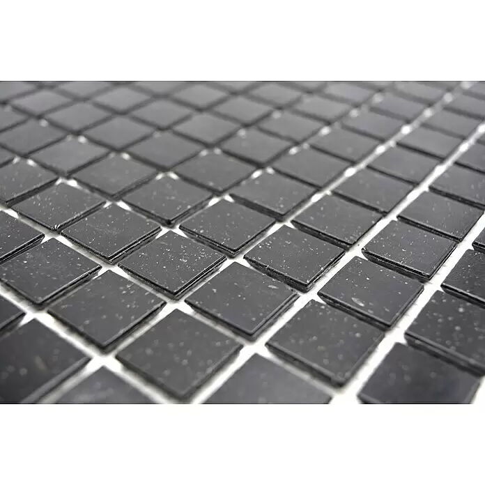 Mosaikfliese Quadrat Crystal Uni GM A 50 - 32,7 x 30,5 cm, Schwarz, Matt - Schwarze gesprenkelte quadratische Mosaikfliesen in einem Gitter angeordnet.
