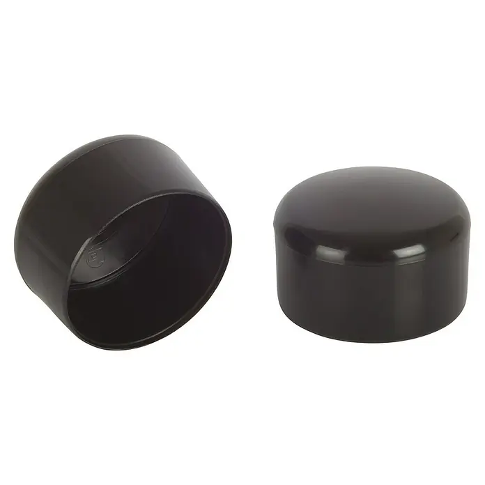 Rohrkappen - Durchmesser: 50 mm, Schwarz - Zwei schwarze Rohrkappen liegen auf einer schwarzen Oberfläche.