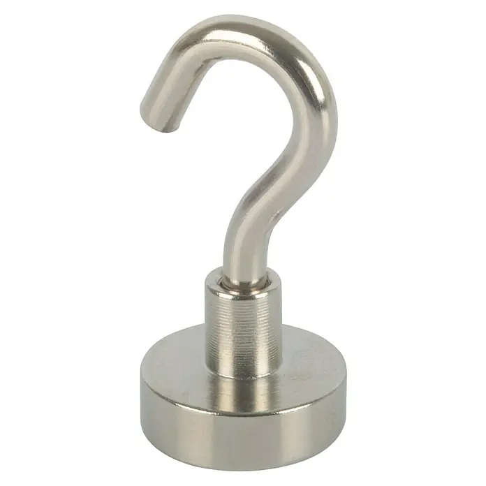 Fix-o-moll Magnethaken Neodym - Rund, Durchmesser: 16 mm, Höhe: 35 mm - Nahaufnahme eines einzelnen magnetischen Hakens aus Metall vor einem schwarzen Hintergrund.