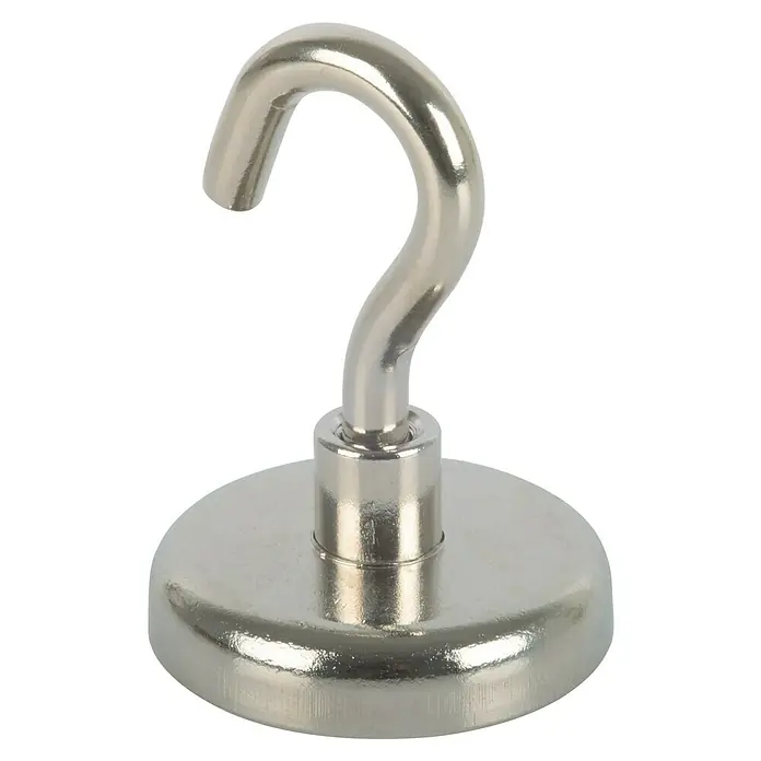 Fix-o-moll Magnethaken Neodym - Rund, Durchmesser: 36 mm, Höhe: 43 mm - Nahaufnahme eines robusten magnetischen Hakens aus Metall, ideal zum Aufhängen von Gegenständen an magnetischen Oberflächen.