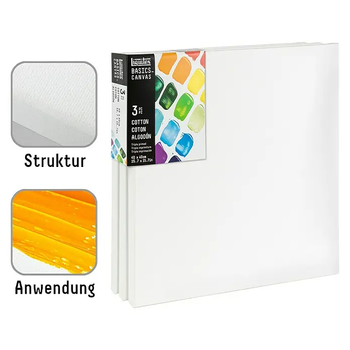 Liquitex Basics Keilrahmen CNV - 40 x 40 x 1,8 cm, Baumwolle, 3-fach grundiert - Dreierpack Liquitex Basics Leinwände, ideal für Acryl- und Ölmalerei, 40x40 cm, Baumwolle, dreifach grundiert.