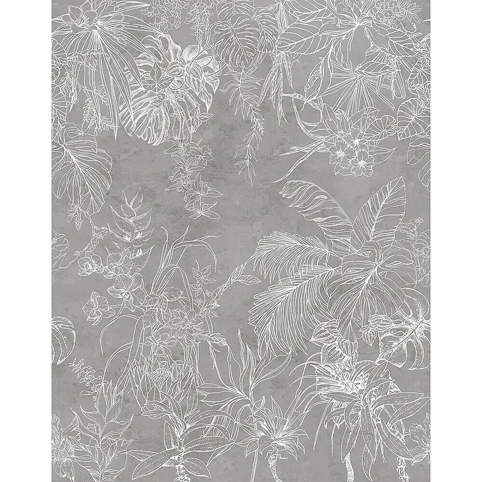 SCHÖNER WOHNEN-Kollektion New Spirit Fototapete Digitaldruck Blüten - 212 x 270 cm, Grau, Weiß - Exotisches graues Blätter- und Blumenmuster mit weißen Umrissen, das die Schönheit tropischer Pflanzen hervorhebt.\n