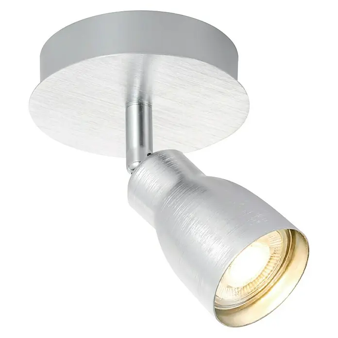 Home Sweet Home LED-Deckenstrahler rund Alba - 5,8 W, Ø x H: 11,5 x 13,5 cm, Aluminium, Warmweiß, 1 Stk. - Nahaufnahme einer silbernen, modernen Deckenleuchte mit verstellbarem Spot und warmem Lichtschein auf schwarzem Hintergrund.