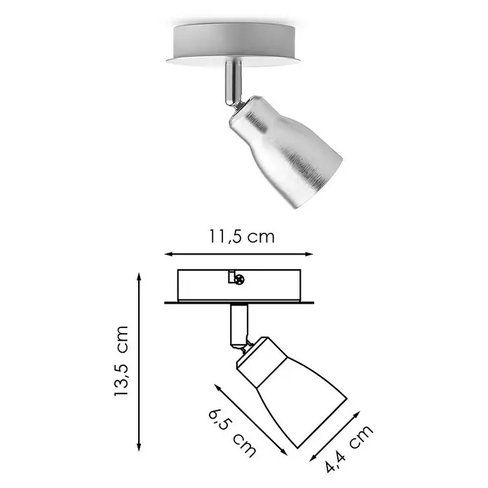 Home Sweet Home LED-Deckenstrahler rund Alba - 5,8 W, Ø x H: 11,5 x 13,5 cm, Aluminium, Warmweiß, 1 Stk. - Produktansicht: Verstellbarer silberner Deckenstrahler mit Maßangaben.