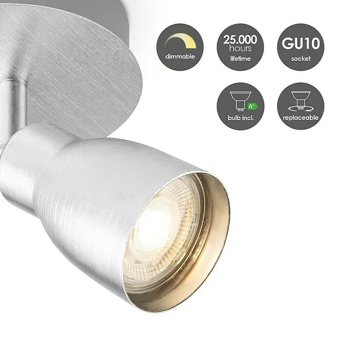 Home Sweet Home LED-Deckenstrahler rund Alba - 5,8 W, Ø x H: 11,5 x 13,5 cm, Aluminium, Warmweiß, 1 Stk. - Nahaufnahme einer silbernen Deckenleuchte mit GU10-Fassung, dimmbar und mitgelieferter, austauschbarer Birne für eine lange Lebensdauer.
