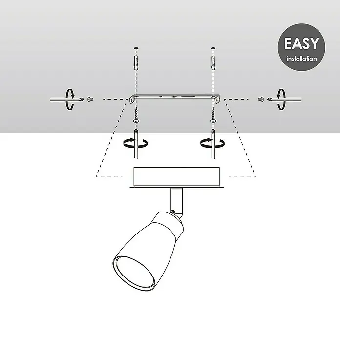 Home Sweet Home LED-Deckenstrahler rund Alba - 5,8 W, Ø x H: 11,5 x 13,5 cm, Aluminium, Warmweiß, 1 Stk. - Illustration einer Deckenschiene mit einem darauf montierten Strahler. Einfache Installation für das Produkt hervorgehoben.