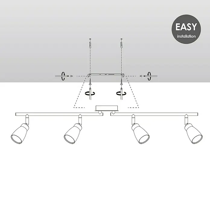 Home Sweet Home LED-Wandstrahler Alba - 5,8 W, Weiß, Warmweiß, Anzahl Leuchtmittel: 4 Stk. - Eine schematische Darstellung der Montage einer modernen LED-Deckenleuchte mit vier Strahlern, inklusive Befestigungsmaterial und einfacher Installationsanleitung.