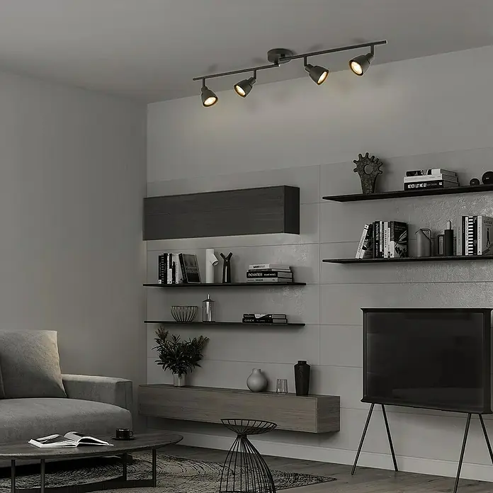 Home Sweet Home LED-Deckenstrahler Aka - 5 W, L x B x H: 9,5 x 80,5 x 16,5 cm, Schwarz, Warmweiß - Moderne Wohnraumbeleuchtung mit einer stilvollen schwarzen Deckenleuchte mit vier Strahlern, die ein warmes Licht im Raum verteilen.