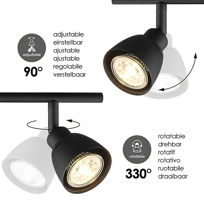 Home Sweet Home LED-Deckenstrahler Aka - 5 W, L x B x H: 9,5 x 80,5 x 16,5 cm, Schwarz, Warmweiß - Abbildung einer verstellbaren schwarzen Schienenleuchte mit einem Drehwinkel von 330° und einem Neigungswinkel von 90°.