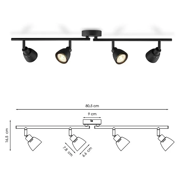 Home Sweet Home LED-Deckenstrahler Aka - 5 W, L x B x H: 9,5 x 80,5 x 16,5 cm, Schwarz, Warmweiß - Deckenleuchte mit vier Strahlern in Schwarz, ideal für die Ausleuchtung von Räumen. Inklusive detaillierter Maßangaben.