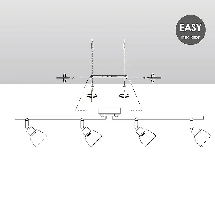 Home Sweet Home LED-Deckenstrahler Aka - 5 W, L x B x H: 9,5 x 80,5 x 16,5 cm, Schwarz, Warmweiß - Installationsanleitung für eine Deckenleuchte mit vier Strahlern. Leicht verständliche Darstellung der Montage für eine einfache Installation.