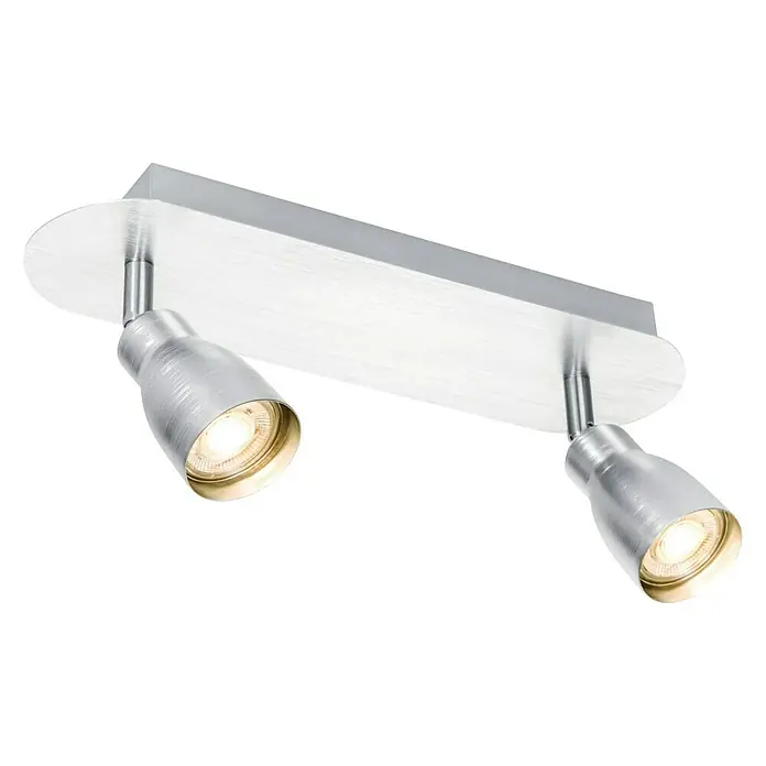 Home Sweet Home LED-Wandstrahler Alba - 5,8 W, Aluminium, Warmweiß, Anzahl Leuchtmittel: 2 Stk. - Zwei gerichtete silberne Deckenleuchten mit LED-Leuchtmitteln, montiert auf einer rechteckigen Basis.