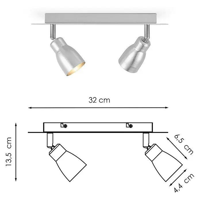 Home Sweet Home LED-Wandstrahler Alba - 5,8 W, Aluminium, Warmweiß, Anzahl Leuchtmittel: 2 Stk. - Abbildung einer silbernen Deckenleuchte mit zwei Strahlern und den dazugehörigen Maßangaben.