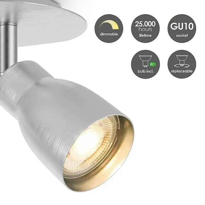 Home Sweet Home LED-Wandstrahler Alba - 5,8 W, Aluminium, Warmweiß, Anzahl Leuchtmittel: 2 Stk. - Nahaufnahme einer dimmbaren, silbernen GU10-Deckenleuchte mit einer Lebensdauer von 25.000 Stunden und inklusive Leuchtmittel.