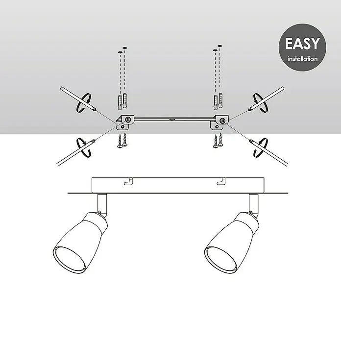 Home Sweet Home LED-Wandstrahler Alba - 5,8 W, Aluminium, Warmweiß, Anzahl Leuchtmittel: 2 Stk. - Installationsanleitung für eine Deckenleuchte. Die Zeichnung zeigt die Montage der Leuchte mit Schrauben und Dübeln an der Decke.
