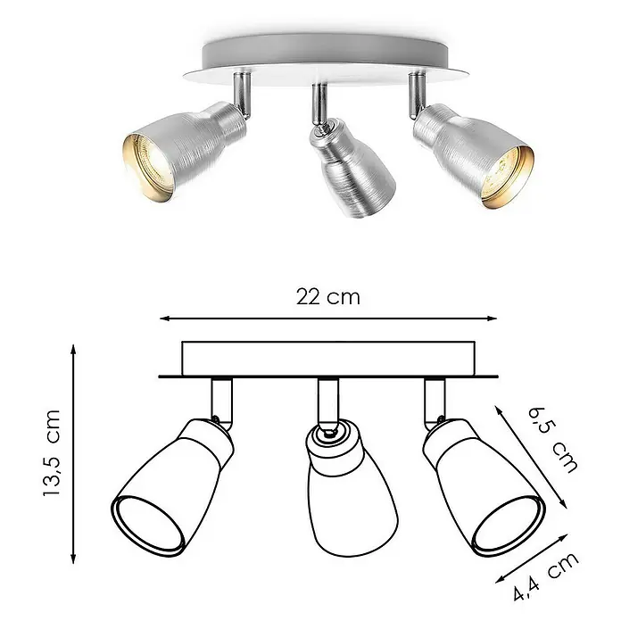 Home Sweet Home LED-Deckenstrahler rund Alba - 5,8 W, Ø x H: 20 x 13,5 cm, Aluminium, Warmweiß, 3 Stk. - Deckenleuchte mit drei Strahlern und technischen Zeichnungen. Silberne Oberfläche und Abmessungen in Zentimetern angegeben.