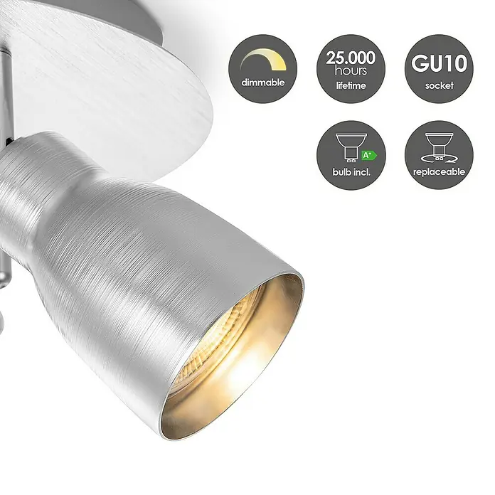 Home Sweet Home LED-Deckenstrahler rund Alba - 5,8 W, Ø x H: 20 x 13,5 cm, Aluminium, Warmweiß, 3 Stk. - Nahaufnahme eines modernen LED-Deckenspots in Silberoptik mit Produktmerkmalen wie Dimmbarkeit und GU10-Sockel.