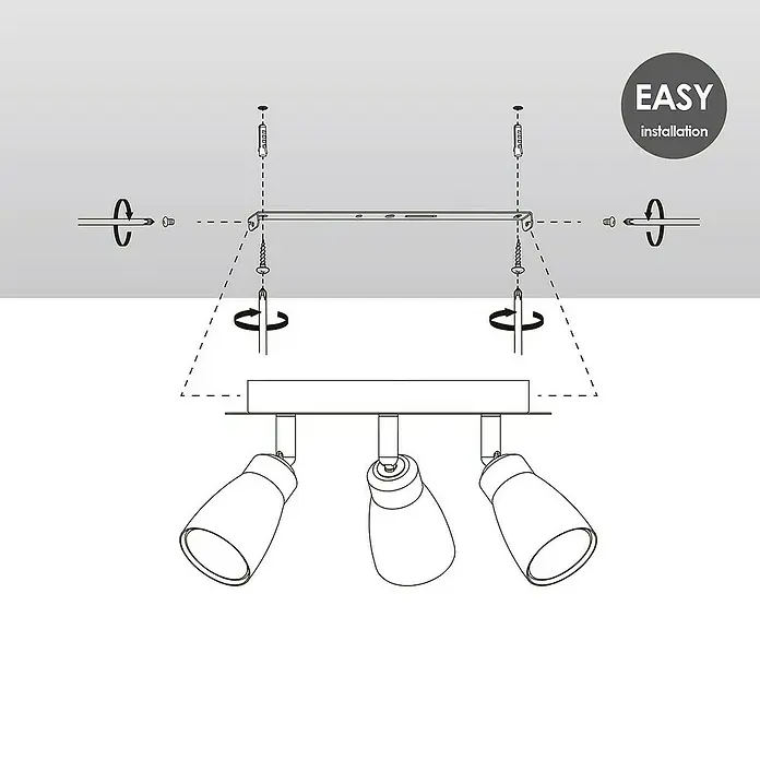 Home Sweet Home LED-Deckenstrahler rund Alba - 5,8 W, Ø x H: 20 x 13,5 cm, Aluminium, Warmweiß, 3 Stk. - Illustration einer Deckenleuchte mit drei Strahlern und einfacher Installationsanleitung.