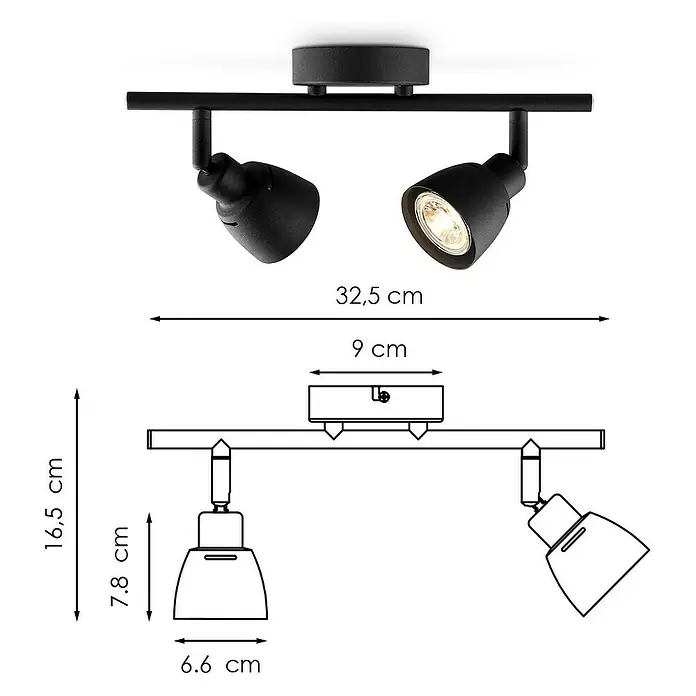 Home Sweet Home LED-Deckenstrahler Aka - 5,8 W, L x B x H: 9,5 x 32,5 x 16,5 cm, Schwarz, Warmweiß - Abbildung einer schwarzen Deckenleuchte mit zwei Strahlern und Maßangaben für Design und Größenverhältnisse.